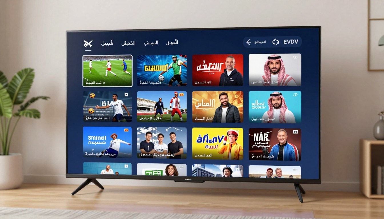 شاشة تلفاز تعرض واجهة EVDTV مع قنوات مباشرة متعددة