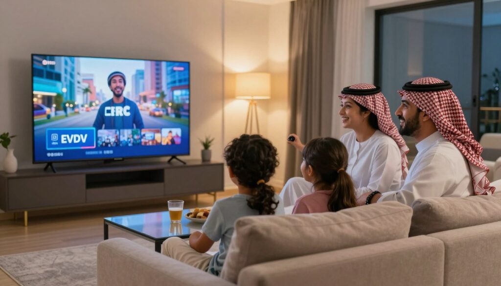 عائلة سعيدة تشاهد EVDTV معاً في المنزل