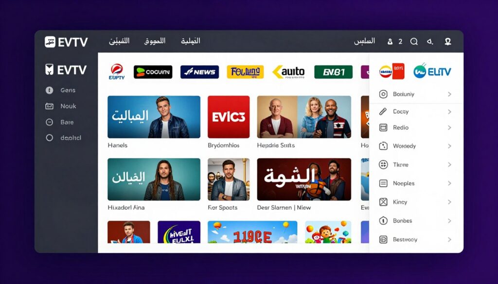لوحة تحكم EVDTV تظهر فئات القنوات المتنوعة